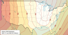 Map of lower-48 states, color-coded to indicate differences; an area around Indiana is at zero; the east coast is generally between 20 and 50 meters; Washington, Oregon, western Nevada, and most of California are between 80 and 100 meters