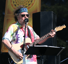 David Nelson onstage at an outdoor concert, playing an electric guitar