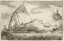 The Dutch ship De Eendracht attacks a catamaran in the Southern Pacific.