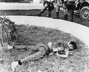 Dead Vietcong soldier lies spreadeagled in some grass in front of the embassy