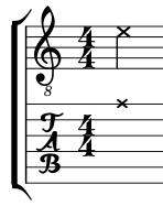 Illustration of dead note in standard notation and guitar tablature