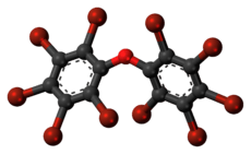 Ball-and-stick model of the decabromodiphenyl ether molecule