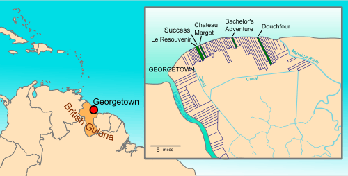 Map of northern coast of today's Georgetown Guyana in 1823, showing the plantations as neat narrow strips perpendicular to the coast