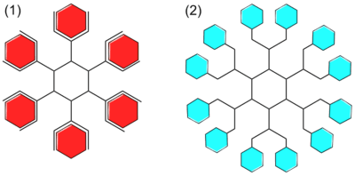 Chemical diagrams: one simpler and red, the other more complex and light blue