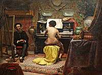 Painting depicting an interior with a nude female model sitting at a spinet piano while an artist works at his easel on the left side of the canvas