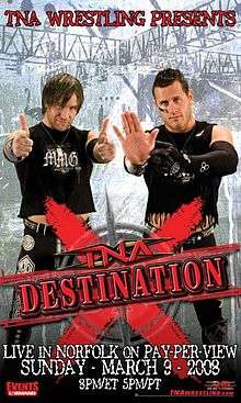 A poster featuring two men wearing black making hand gestures with a red logo saying "Destination X" at the bottom of the poster.