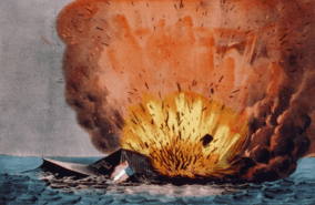 Print: Destruction of the rebel vessel "Merrimac" off Crany Island; published by Currier and Ives