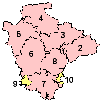 Map of Devon. Plymouth and Torbay shown in yellow, other districts in pink.
