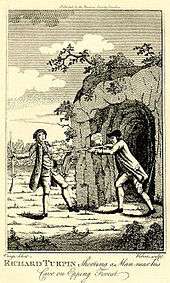 An engraving of two men. On the right, a man stands at the entrance of a cave, pointing a long firearm at the chest of the other man. The gun has just been fired. The other man, who is also carrying a similar weapon has a shocked expression on his face.