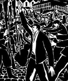 A black-and-white illustration.  A group of workers on the right battles against a gun-wielding group on the left.  In the centre, facing left, a man in the foreground raises his hand.