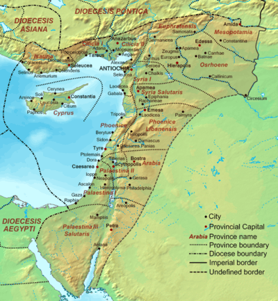 Geophysical map of the Levant showing the late Roman provinces and major cities