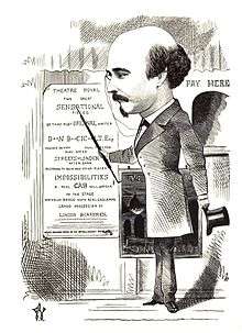 Caricature of balding-crowned man with small moustache and imperial, gesturing at poster on which word "Sensational" appears