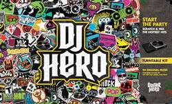 A game cover, with the logo for "DJ Hero" in the center of a mosaic of numerous images and words (representing the various genres within the game), bordered by a grey boxes with text and pictures identifying the turntable controller and contents of the package.