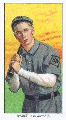 A baseball card of a man in a gray baseball uniform with "SA" on the left sleeve and center of cap holding a bat as if ready to swing.