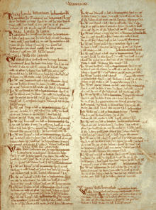 A page from a medieval book, with hand writing in brown ink in two columns on an aged vellum page.