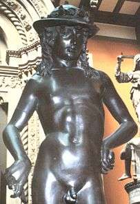 Painted plaster replica of Donatello's bronze of David.