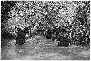 two columns of Marines wade throuugh waist-deep water in a jungle