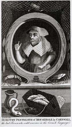 A black and white engraving of a woman in 18th century clothing with a bonnet. Fish, a crab, a crustacean and a jug are below