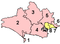 Map of Dorset. Bournemouth and Poole shown in yellow, other districts in pink.