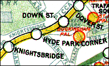 Map extract showing location of Down Street station between Dover Street and Hyde Park Corner