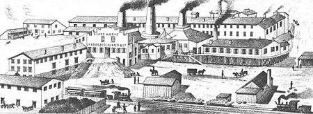 old drawing of big factory with multiple buildings and railroad
