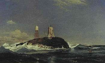 A painting of a wave-lashed rock in the midst of the sea. There are two structures on the rock – a small capsule on a lattice of metal legs and a short stone tower attended by various lifting devices.