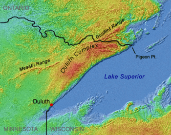 Shaded-relief image showing Duluth Complex arcing from Duluth to Pigeon Point, interrupting and splitting the Mesabi and Gunflint ranges.
