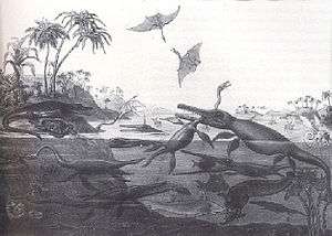 Black and white print of prehistoric animals and plants living in the sea and on the nearby shore; foreground figures include pterosaurs fighting in the air above the sea and an ichthyosaur biting into the long neck of a plesiosaur.