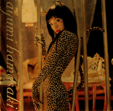 Ayumi Hamasaki with black hair wearing a leopard print outfit that includes a long tail. In lowercase, "ayumi hamasaki" is written vertically on the left edge.