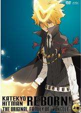 The DVD cover shows a suited young blond adult emitting flames from his head and hands. Below the two are the words Katekeyo Hitman Reborn! The Original Family De Vongole.