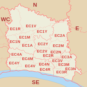 EC postcode area map, showing postcode districts, post towns and neighbouring postcode areas.