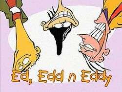 Three odd-looking young boys, hanging upside-down in front of a purple-white background, with dark-orange-outlined light orange text saying "Ed, Edd n Eddy" near the bottom.