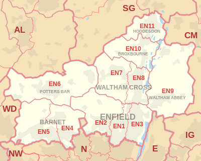 EN postcode area map, showing postcode districts, post towns and neighbouring postcode areas.