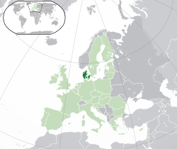 Location of Denmark (dark green), in Europe (dark grey) and in the European Union (light green)