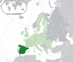Location of  Spain  (dark green)– in Europe  (green & dark grey)– in the European Union  (green)