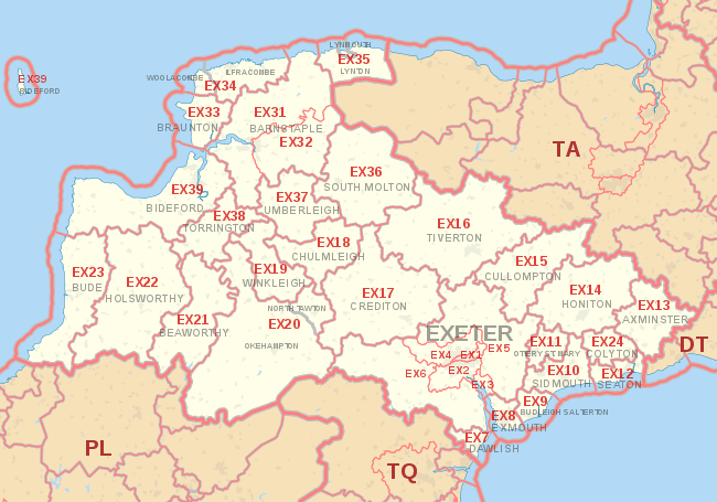 EX postcode area map, showing postcode districts, post towns and neighbouring postcode areas.
