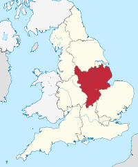 East Midlands, highlighted in red on a beige political map of England