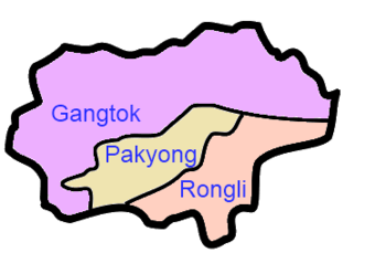 A clickable map of East Sikkim exhibiting its three subdivisions.
