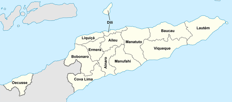 A clickable map of East Timor exhibiting its 13 administrative municipalities.