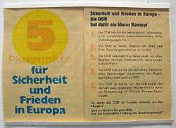 Front- and back side of a propaganda leaflet entitled "5 Pluspunkte für Sicherheit und Frieden in Europa".