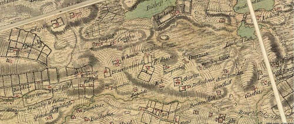 Map of the Easterhouse area. Bishops, Lochend and Woodend Lochs are shown to the top and right. Easterhouse, Westerhouse, Dungeonhill, Netherhouse and Heathetyknow farms are shown. Lochwood, Provan, Blairtummock and Barlanark estates are also clearly shown. Lochwood is the site of the original bishops palace. Gartloch and Garthamlock are all namesd after the garden from this palace