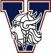 The logo is an outlined letter V with a viking head superimposed.  He is looking to the left and his hair and mustache are blown backwards.