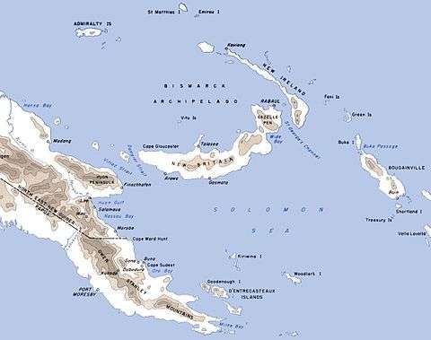 Map of Papua and New Guinea. The Huon Peninsula juts out pointing towards New Britain