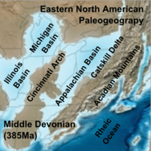 Map of north-eastern North America showing the Illinois Basin, the Michigan Basin and to the east, the Appalachian Basin.