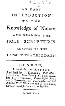 Page reads "An Easy Introduction to the Knowledge of Nature, and Reading the Holy Scriptures. Adapted to the Capacities of Children. London: printed for the Author, And Sold by J. Dodsley, Pall-Mall...M.DCC.LXXX."