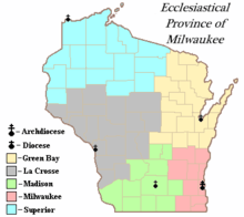 Map of Wisconsin indicating counties for each of the five dioceses