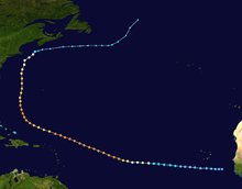 Track map of hurricane's path across the Atlantic Ocean.