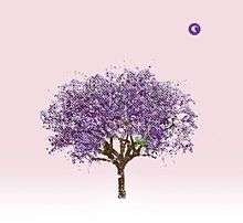 A painting of a purple tree on a pink textured background, with the E Works logo of a crescent moon wearing a nightcap in the top left corner