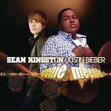 Two young men are looking forward. The man of the left is wearing a green jacket and has his hands on his pockets. Moreover, the man of the right is wearing a plaid blue shirt, and has his hands on his chest. The background is black and in front of them the words "Sean Kingston / Justin Bieber" are written in flesh capital letters, while "Eeenie Meenie" are in lower case letters.