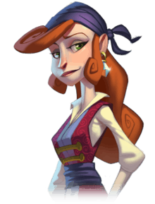 A woman depicted in a stylized art form. Possessing long red hair and green eyes, the woman wears a traditional pirate outfit with a blue headscarf. An earring with a large diamond hangs from her left ear.
